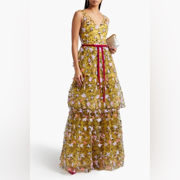 Marchesa Dresses & Skirts - Marchesa Yellow Floral V-Neck Tiered Maxi with Pink Belt